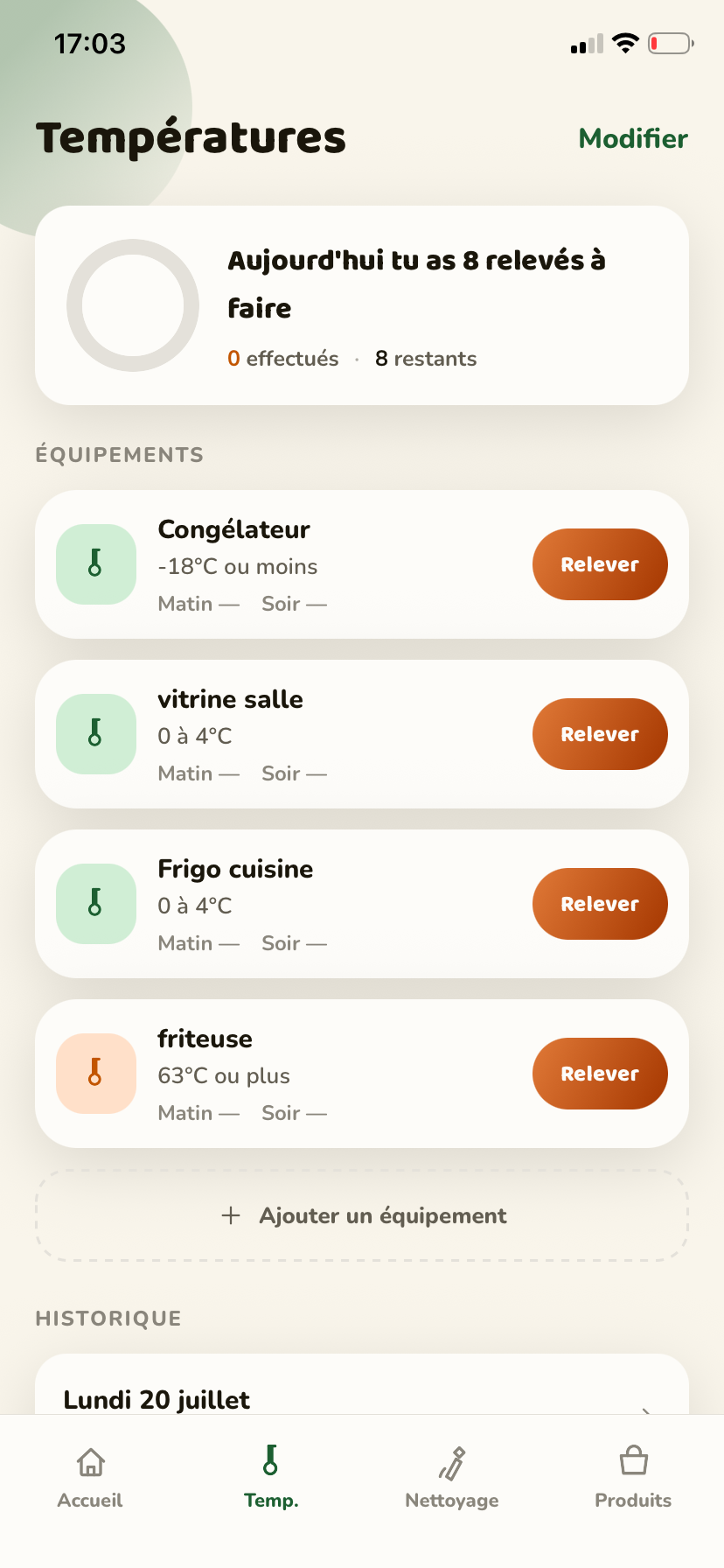 Écran de relevé de température